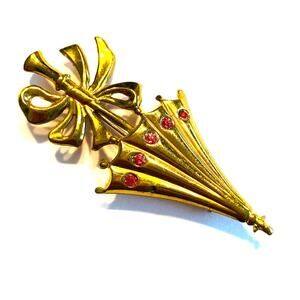 Vintage Mid Century Brooch Charming Dimensional Gold Umbrella & Pink Rhinestones